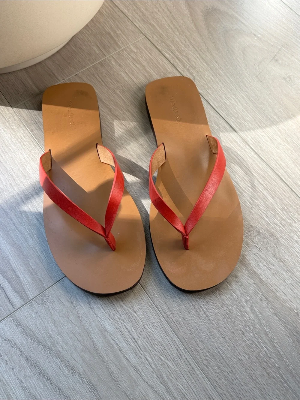 Minimal Leather Thong Flip Flops with Red Straps - Women 6.5